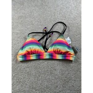 California Waves Women's Swimwear‎ Bikini Top Medium Neon Striped Nylon